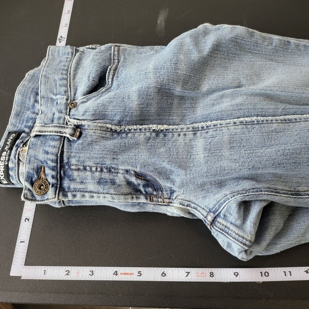 Express Womens Pleated Denim Blue Jeans 9/10‎ Y2K 2000s Grunge Retro Stretch - Picture 6 of 11
